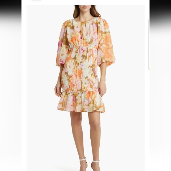 NWT Rachel Parcell Smocked Dress Puff Sleeve Pink Spring Multi Floral L - Picture 7 of 16